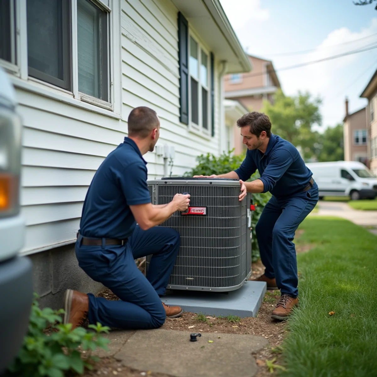 Licensed technician installing a new central air conditioning condenser unit beside a Queens, NY row house