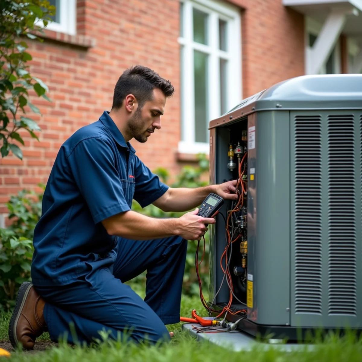 J&S HVAC Expert technician repairing a central air conditioning condenser unit outside a brick home in Queens, NY