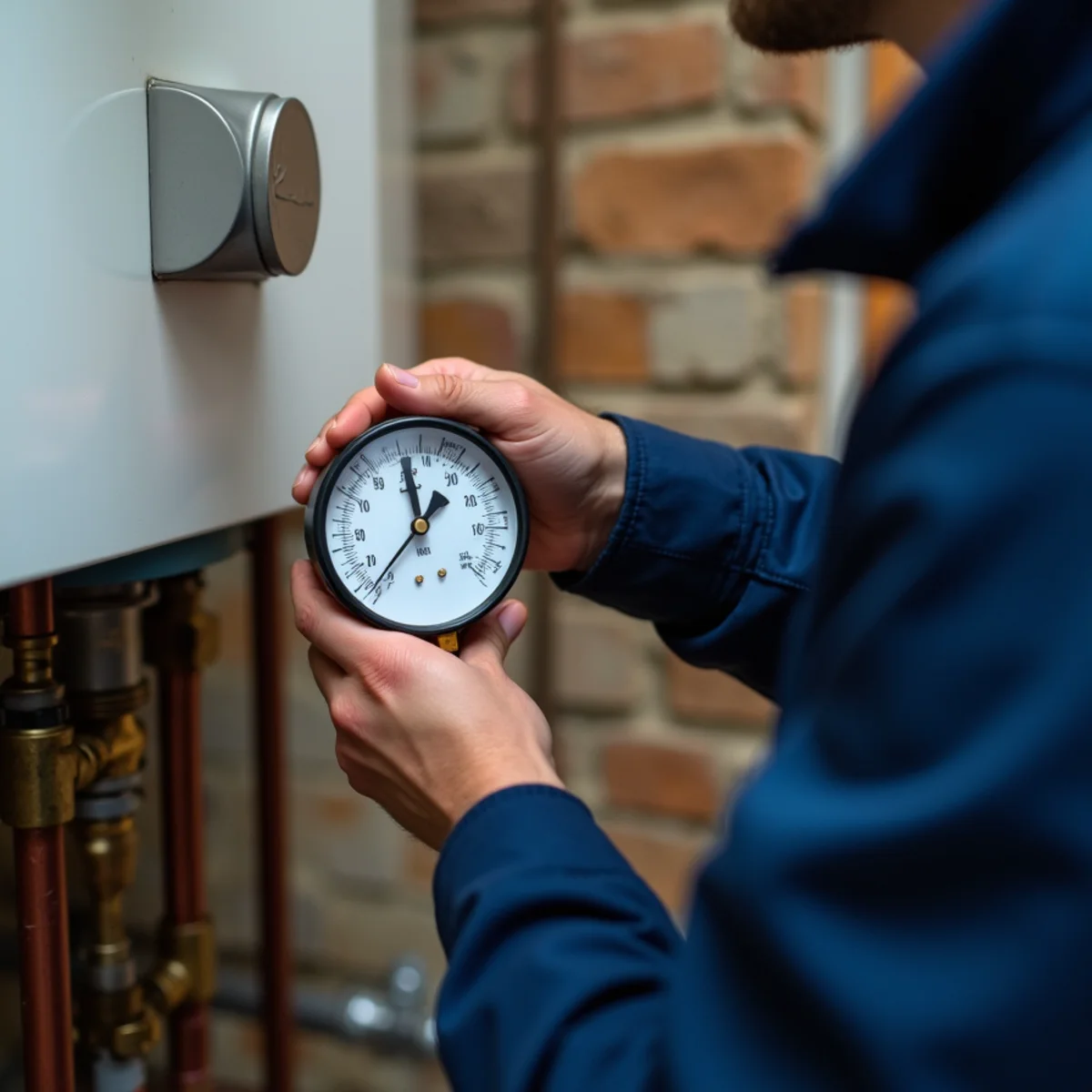 Technician checking the water pressure gauge on a residential boiler