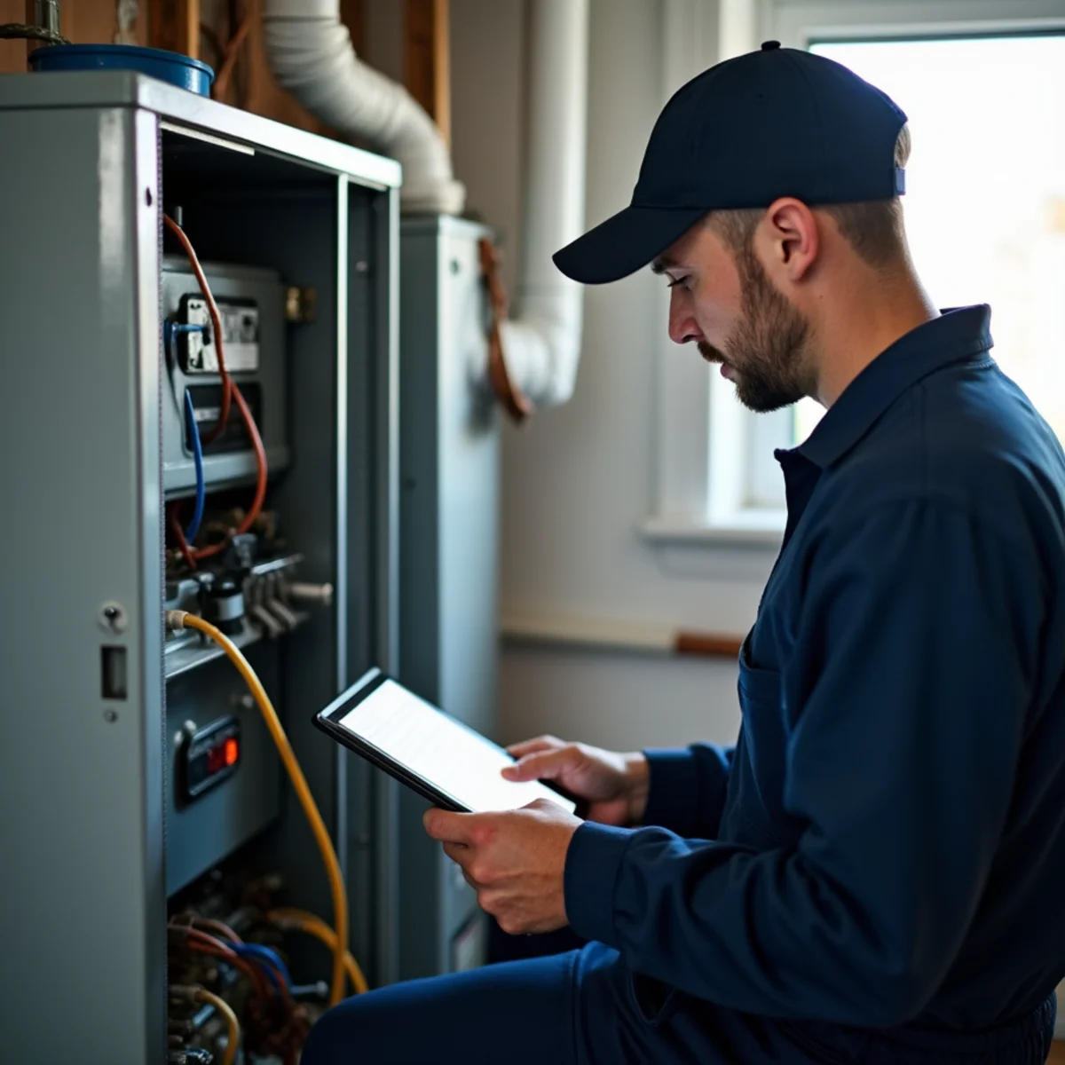 An HVAC technician performing a maintenance inspection on a home system in Nassau County