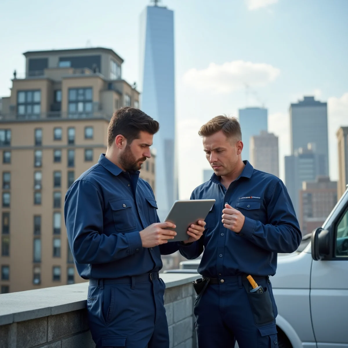 A rooftop heat pump system installed on a commercial building in Manhattan as part of an electrification retrofit