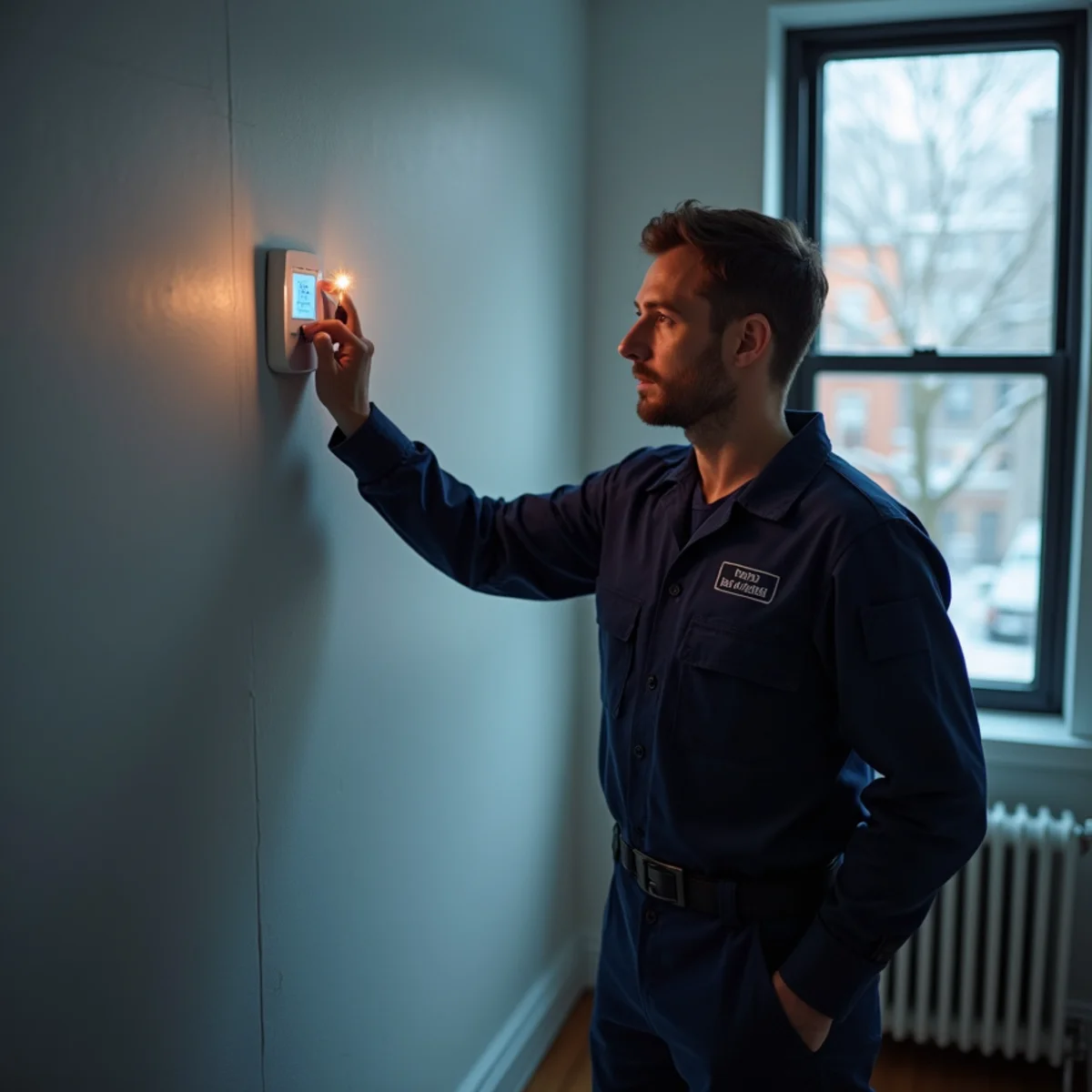 A tenant checks a wall thermometer in a cold NYC apartment during winter heating season