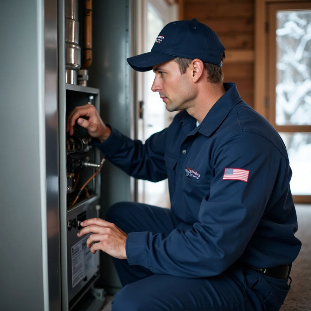 A technician checks a home heating system before winter in a Queens neighborhood with radiators visible