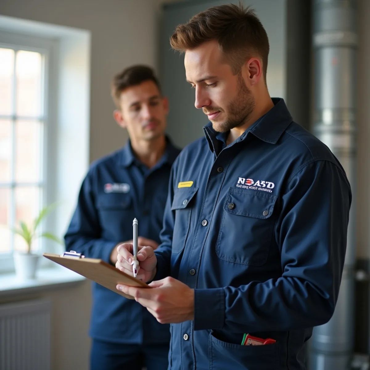 HVAC technician reviewing notes on a job in a Queens, NY home