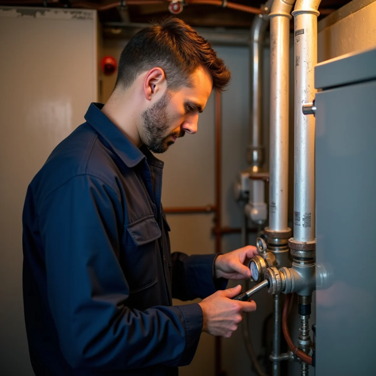 Technician servicing a steam boiler system in the basement mechanical room of a Queens, NY multi-family building