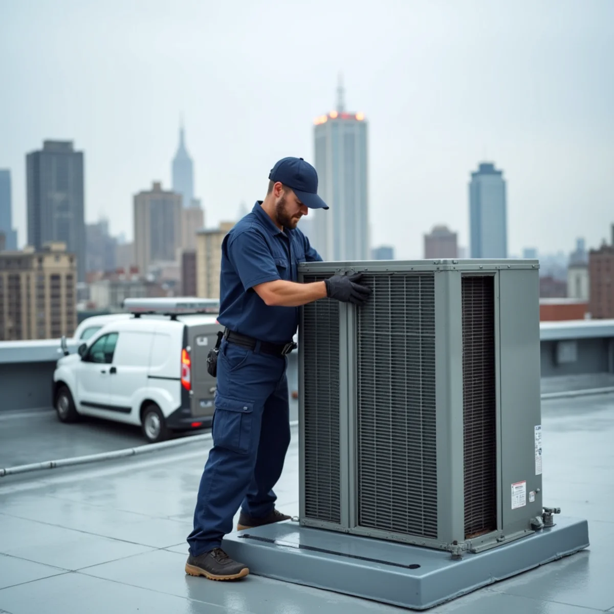Technician servicing a commercial rooftop HVAC unit above a retail storefront in Queens, NY