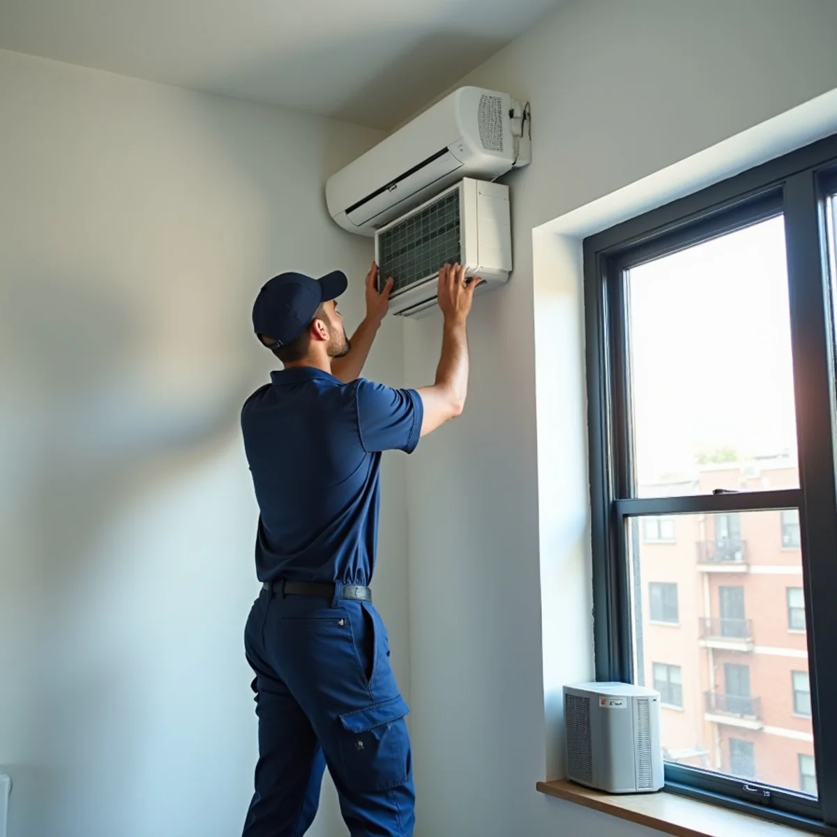 Wall-mounted ductless mini-split indoor unit installed in a Queens, NY apartment living room