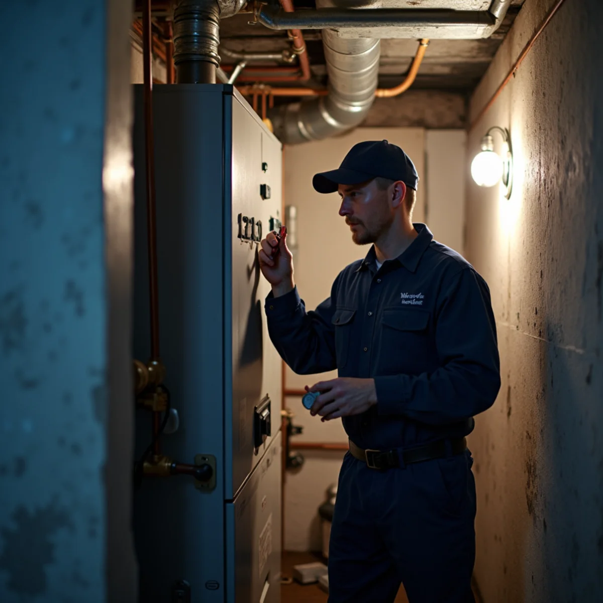 Emergency boiler repair in progress in the basement mechanical room of a multi-family building in Queens, NY
