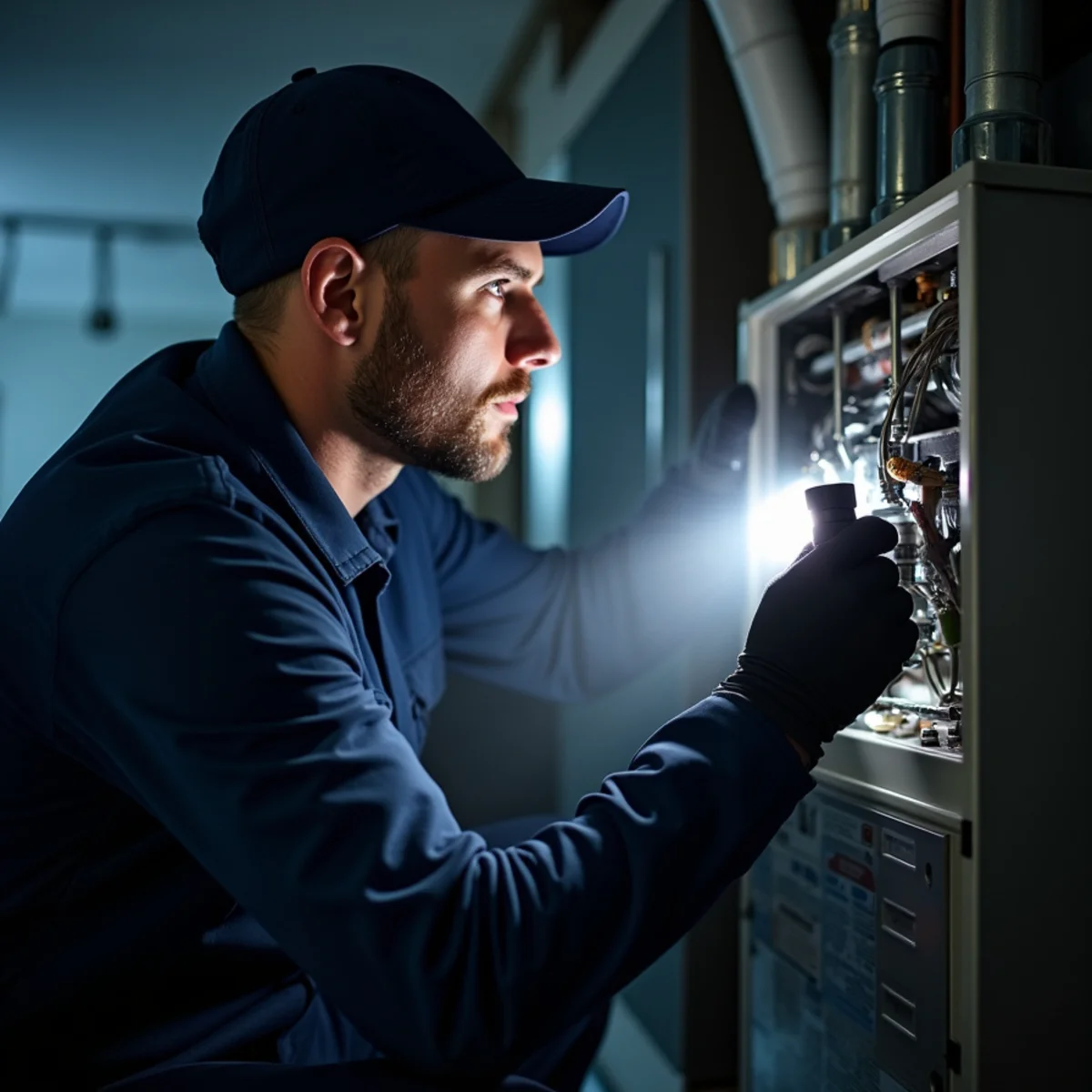 Technician performing emergency furnace repair at night in a Queens, NY home basement during a winter cold snap