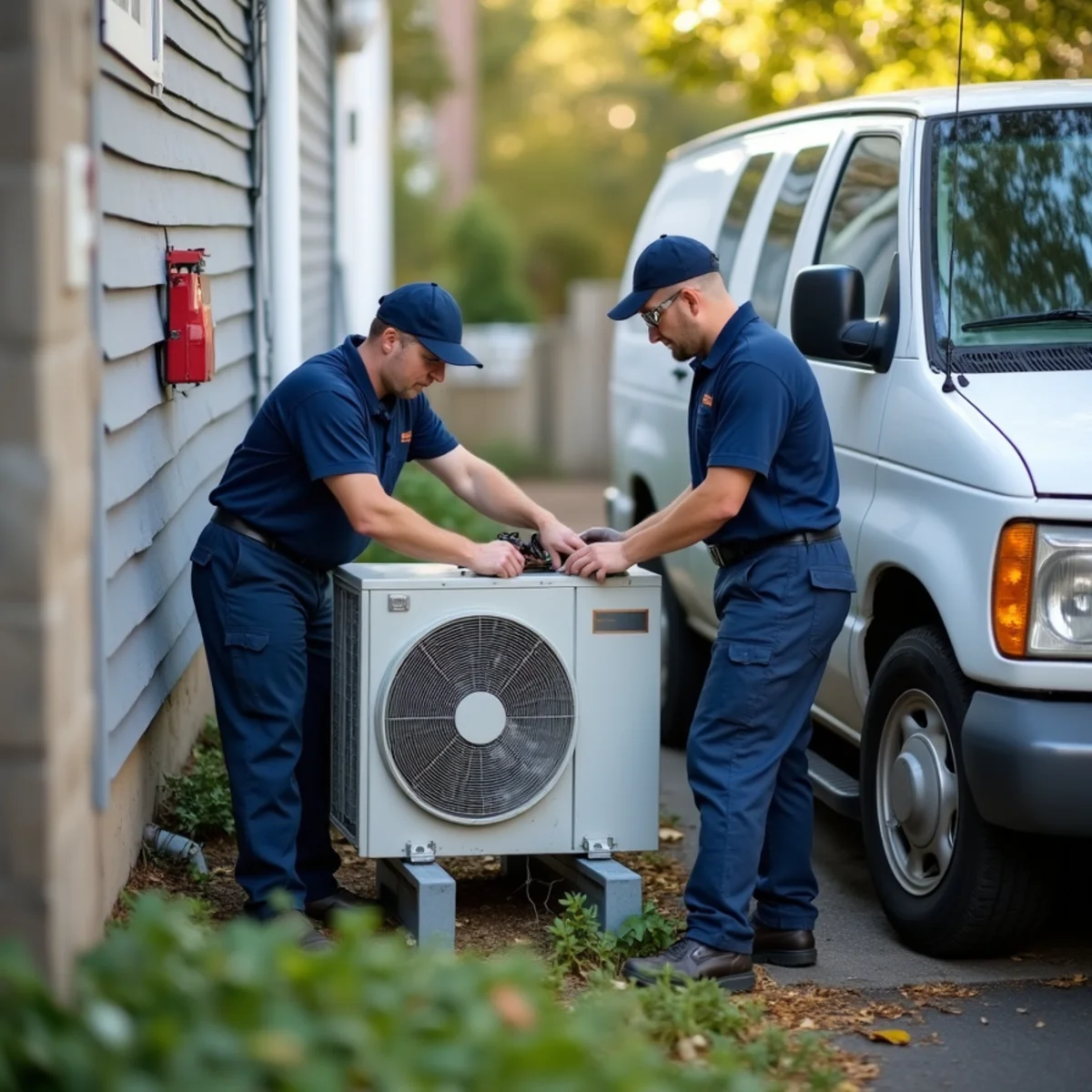 New heat pump outdoor condenser unit installed beside a Queens, NY home for efficient electric heating and cooling