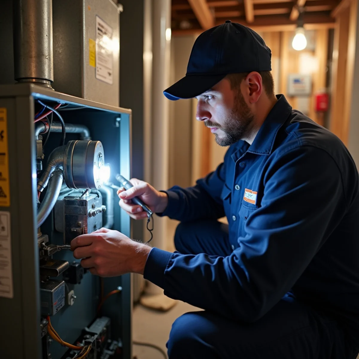 HVAC technician inspecting a gas furnace in the basement of a Queens, NY home during a winter heating repair call