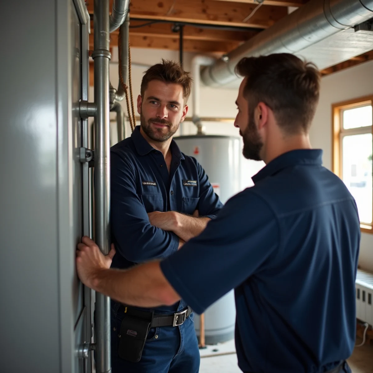 HVAC technician working on residential heating and cooling equipment inside a Queens, NY single-family home