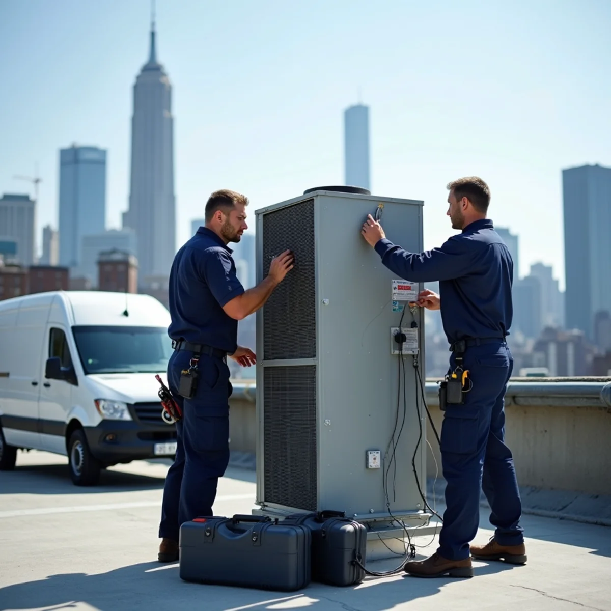 Rooftop package HVAC unit being serviced on a commercial building roof in Queens, NY with the city skyline in the background