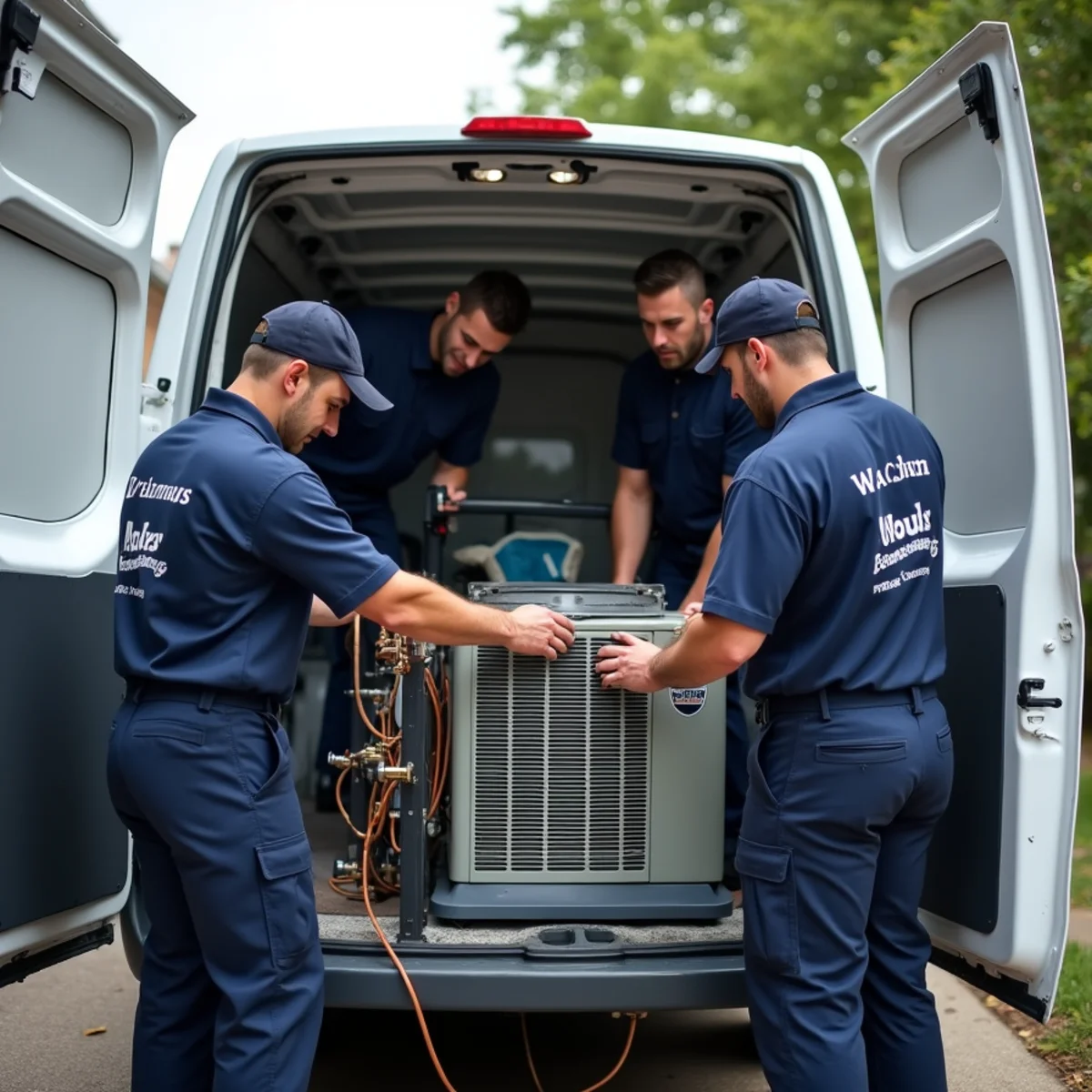 J&S HVAC Expert technicians with HVAC equipment and a service van in Queens, NY